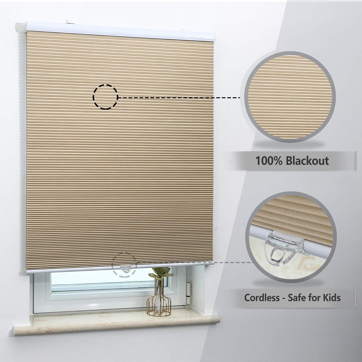 Cellular Shades Cordless Blackout Honeycomb Blinds Fabric Window Shades 23'' W X 64'' H, Ivory Beige(Blackout)